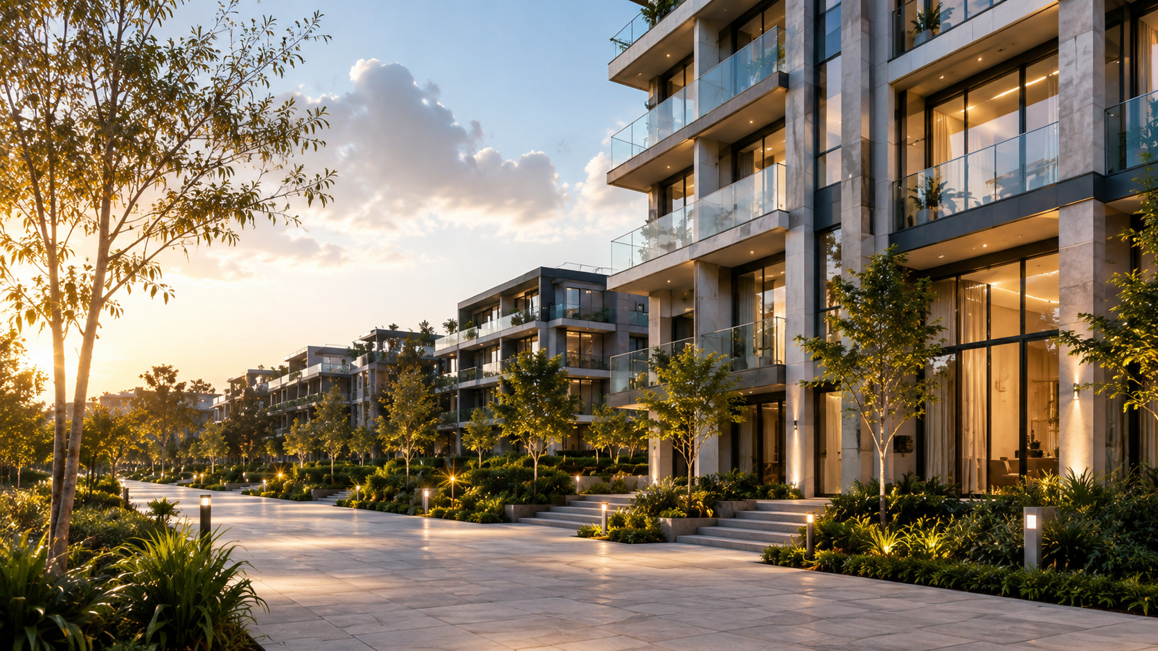 Condominio residencial moderno con áreas comunes y jardinería
