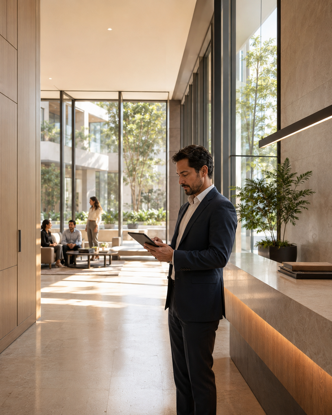 Lobby residencial premium con recepción y atención a residentes